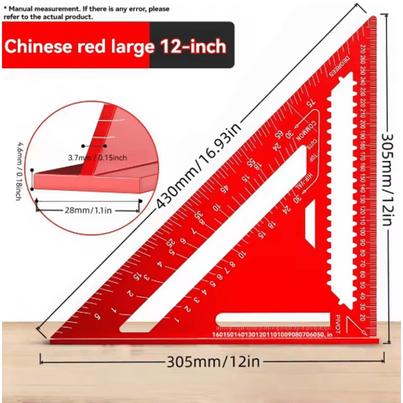 12 Inch Precision Triangle Ruler Red Aluminum Alloy Angle Finder With Metric Scalemea 6