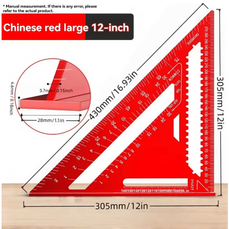 12 Inch Precision Triangle Ruler Red Aluminum Alloy Angle Finder With Metric Scalemea 0