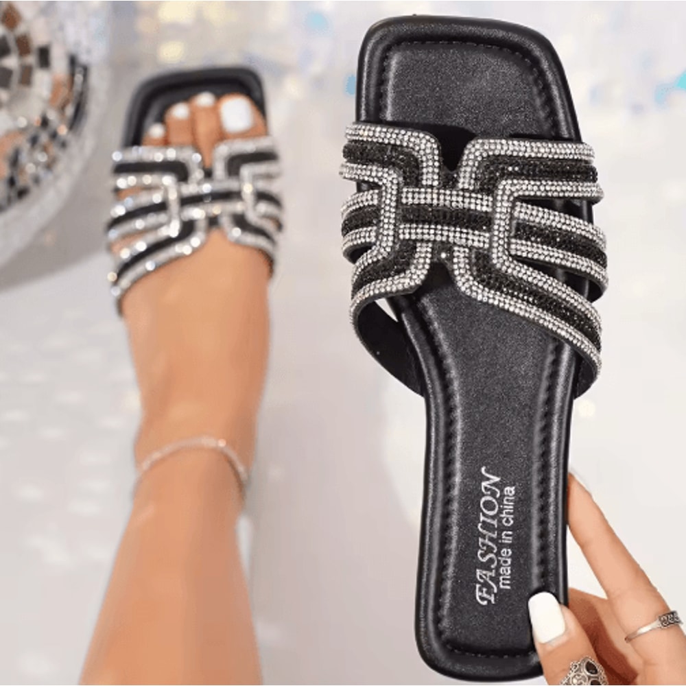 Sparkling Rhinestone Womens Sandals Ankle Strap Slide With Comfortable Flat Sole 1