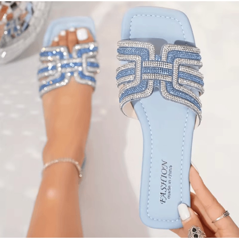 Sparkling Rhinestone Womens Sandals Ankle Strap Slide With Comfortable Flat Sole 2