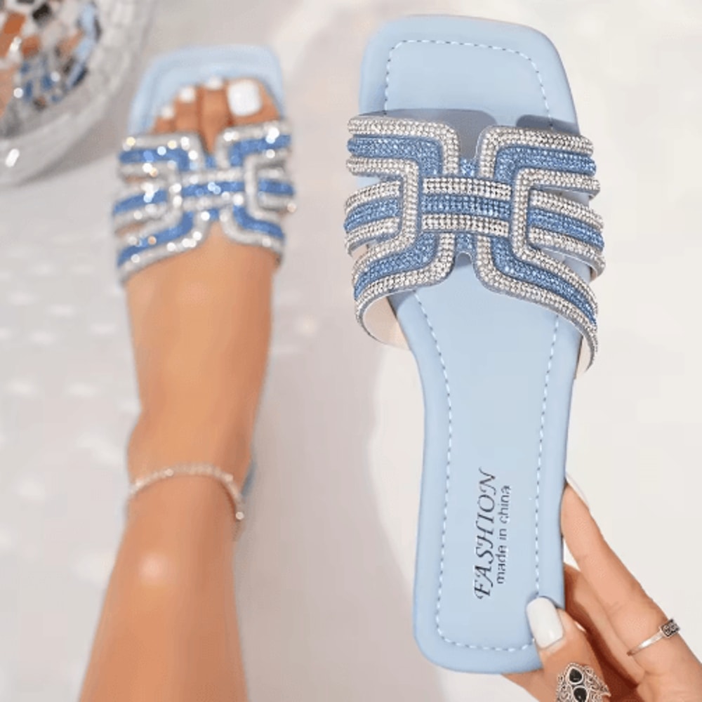 Sparkling Rhinestone Womens Sandals Ankle Strap Slide With Comfortable Flat Sole 4