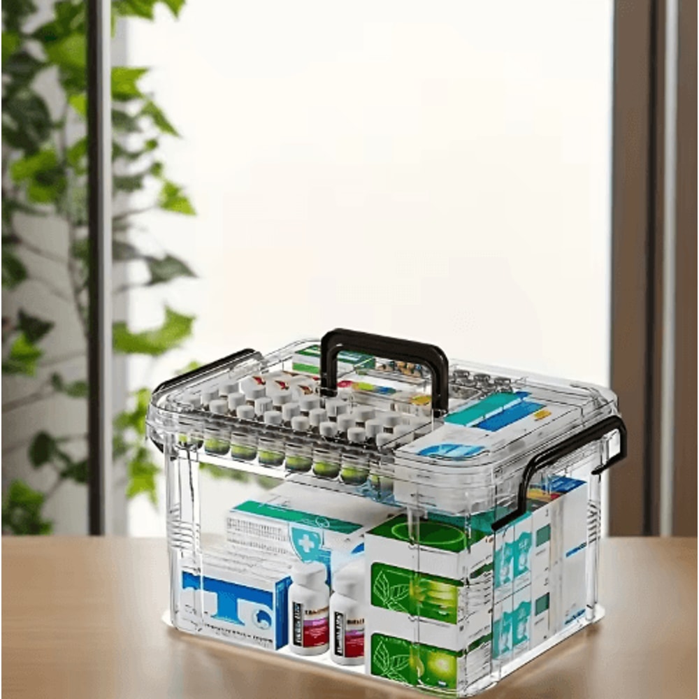 Double Layer Transparent Medicine Storage Box With Handle Clear PVC And Plastic Organizer 3