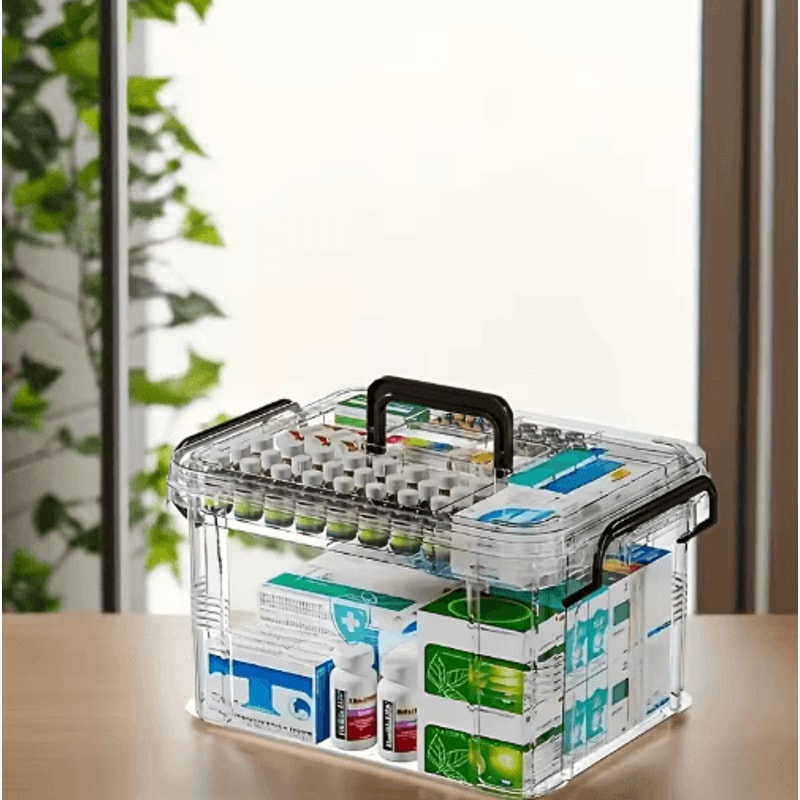 Double Layer Transparent Medicine Storage Box With Handle Clear PVC And Plastic Organizer 3