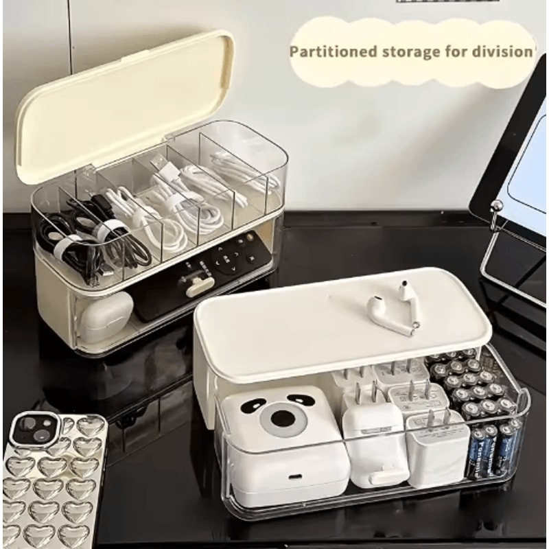 Double Layer Transparent Cable Organizer Box Compact Desktop Cord And Charger Storage 5