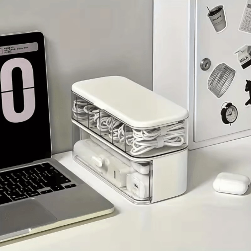 Double Layer Transparent Cable Organizer Box Compact Desktop Cord And Charger Storage 6
