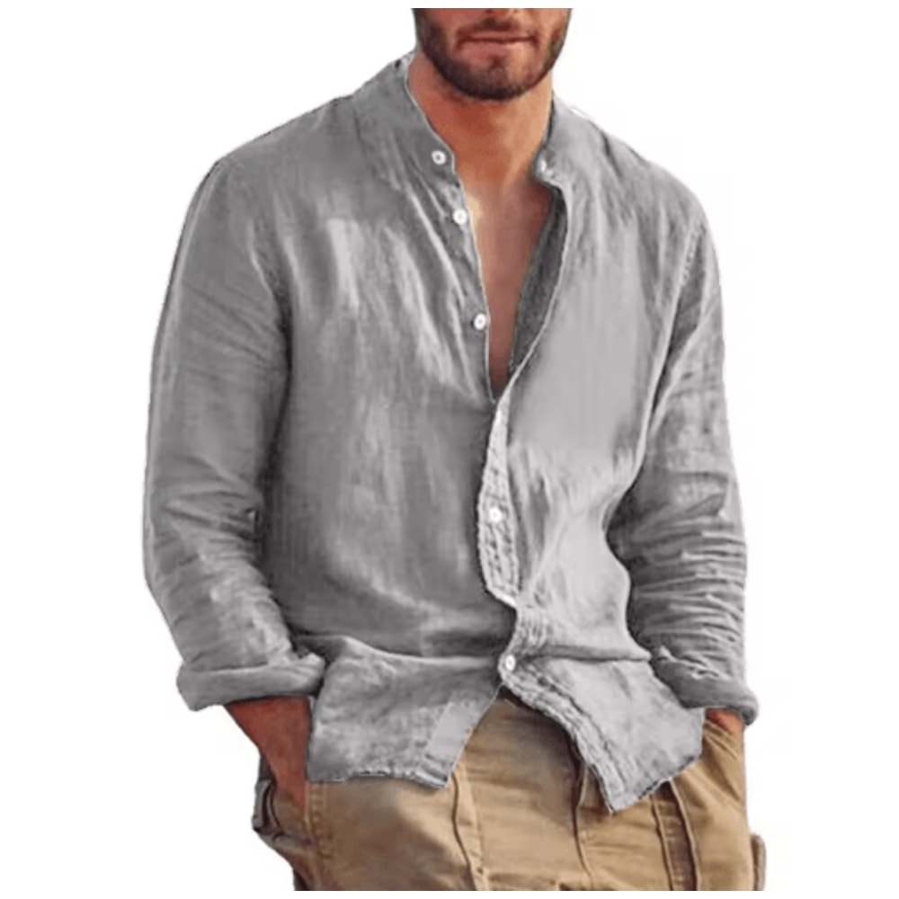Mens Linen Long Sleeve Shirt Lightweight Stand Collar Casual Breathable Top 1
