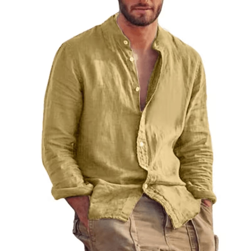 Mens Linen Long Sleeve Shirt Lightweight Stand Collar Casual Breathable Top 2