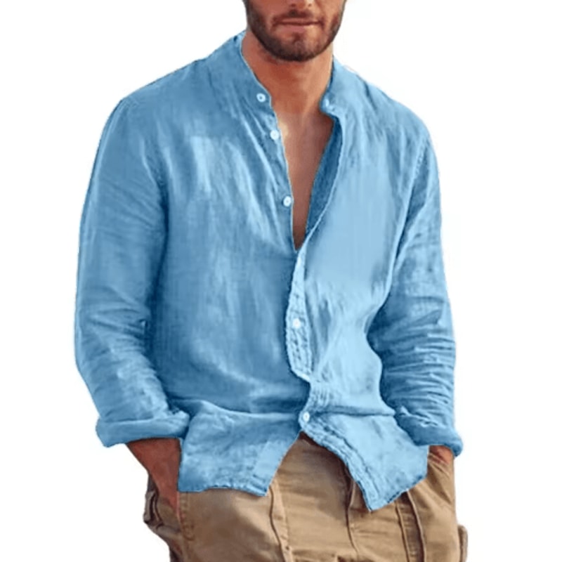 Mens Linen Long Sleeve Shirt Lightweight Stand Collar Casual Breathable Top 0