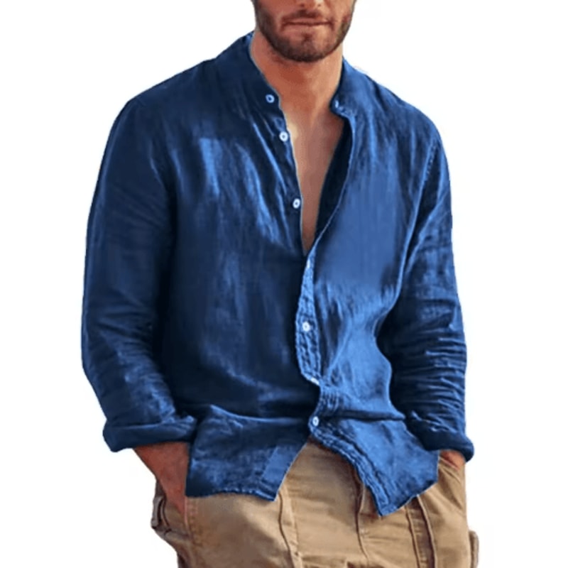 Mens Linen Long Sleeve Shirt Lightweight Stand Collar Casual Breathable Top 3
