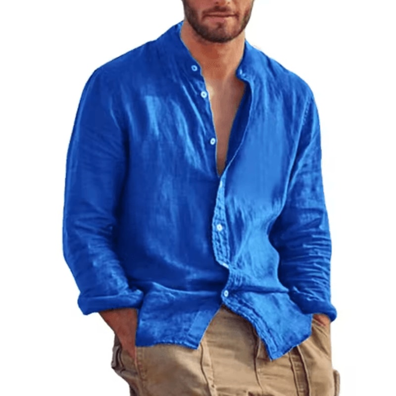 Mens Linen Long Sleeve Shirt Lightweight Stand Collar Casual Breathable Top 4