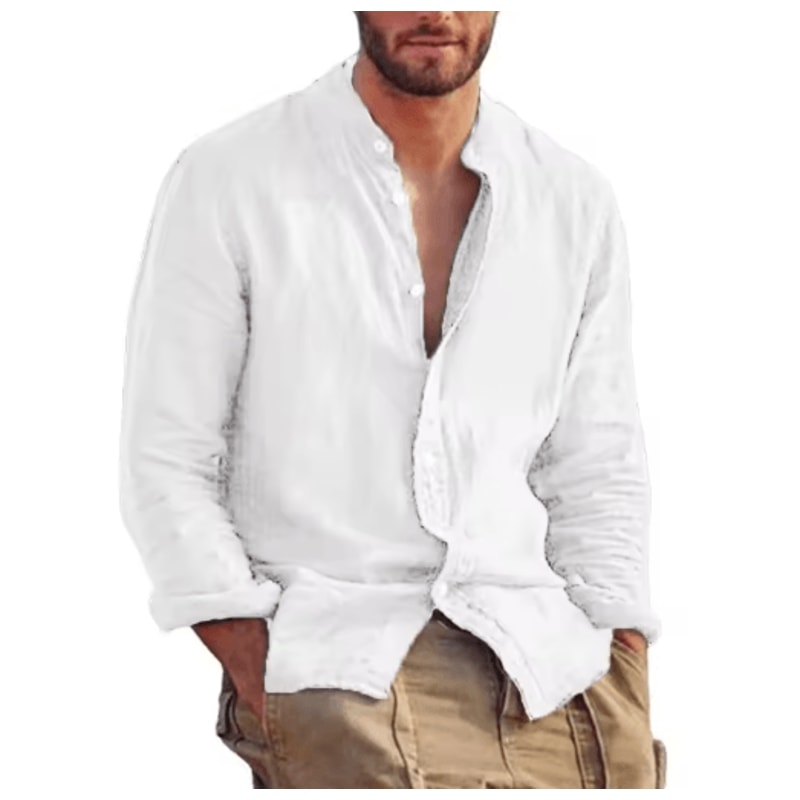 Mens Linen Long Sleeve Shirt Lightweight Stand Collar Casual Breathable Top 5