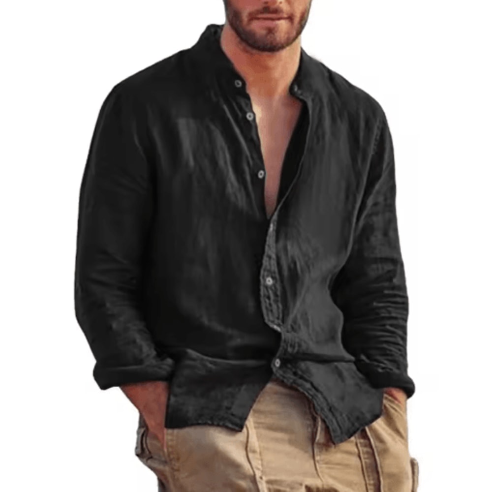Mens Linen Long Sleeve Shirt Lightweight Stand Collar Casual Breathable Top 6