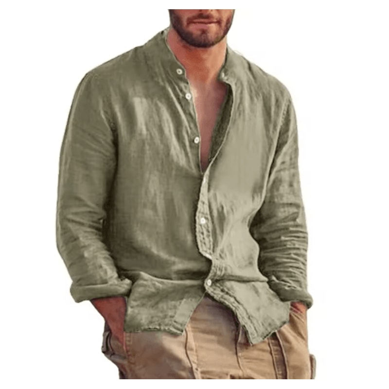 Mens Linen Long Sleeve Shirt Lightweight Stand Collar Casual Breathable Top 7