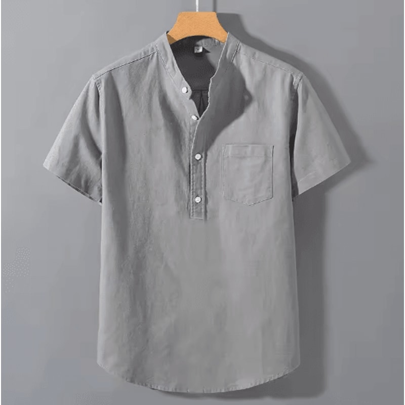 Mens Short Sleeve Stand Collar T Shirt Breathable Loose Cotton Summer Top With Pocket 2