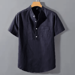 mens short sleeve stand collar t shirt breathable loose cotton summer top with pocket