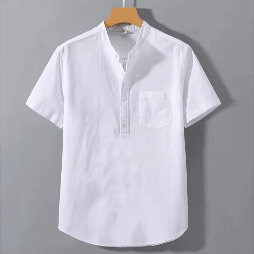 Mens Short Sleeve Stand Collar T Shirt Breathable Loose Cotton Summer Top With Pocket 3