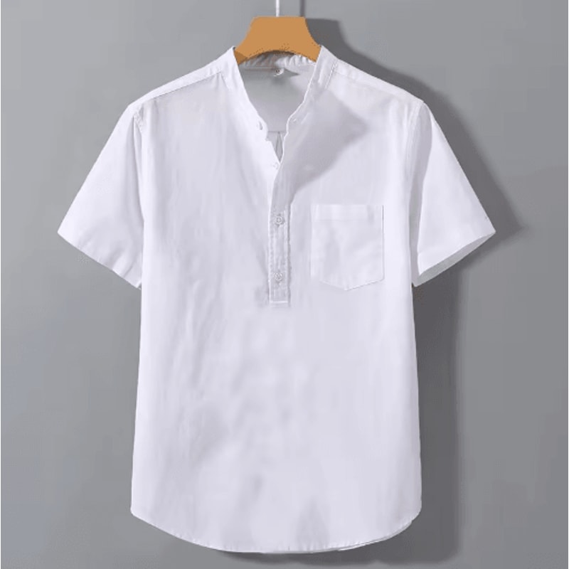 Mens Short Sleeve Stand Collar T Shirt Breathable Loose Cotton Summer Top With Pocket 3