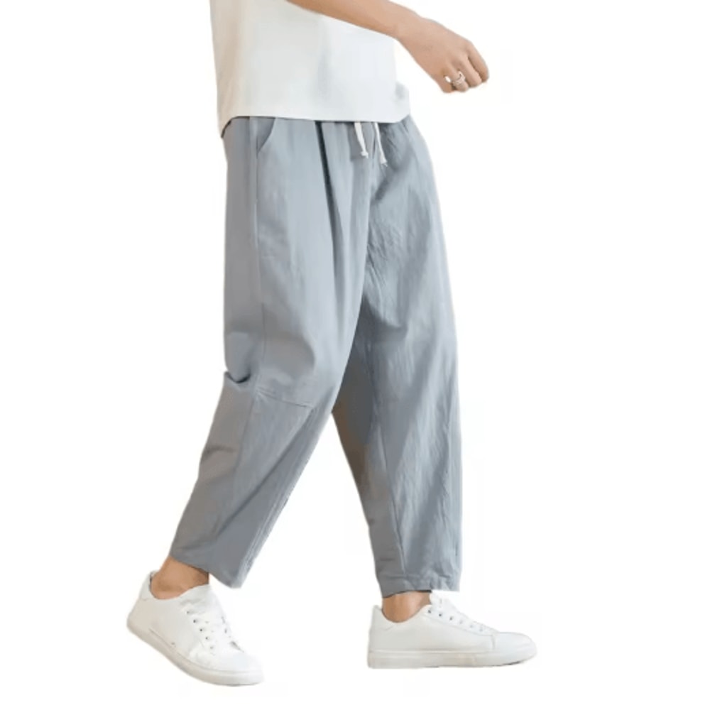 Mens Cotton Linen Casual Pants Breathable Loose Straight Leg Drawstring Streetwear Trousers 2