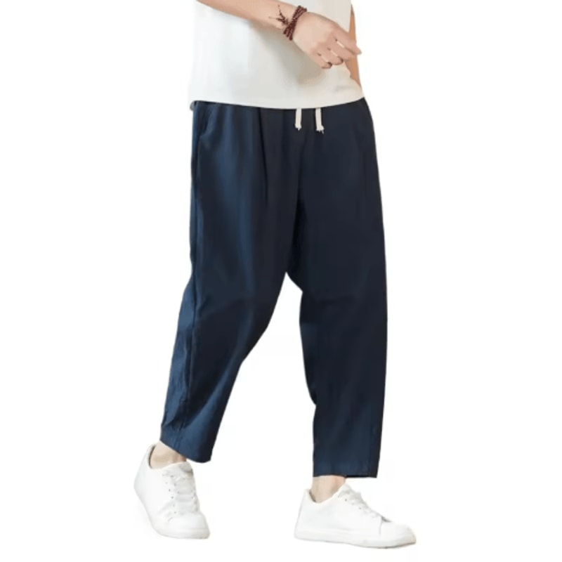 Mens Cotton Linen Casual Pants Breathable Loose Straight Leg Drawstring Streetwear Trousers 3