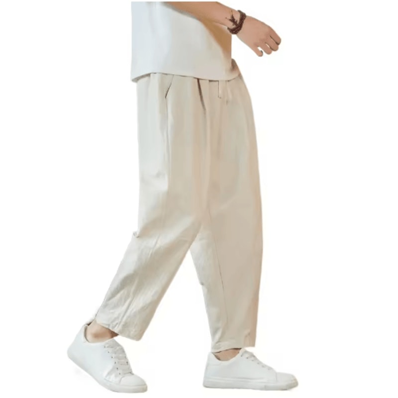Mens Cotton Linen Casual Pants Breathable Loose Straight Leg Drawstring Streetwear Trousers 5