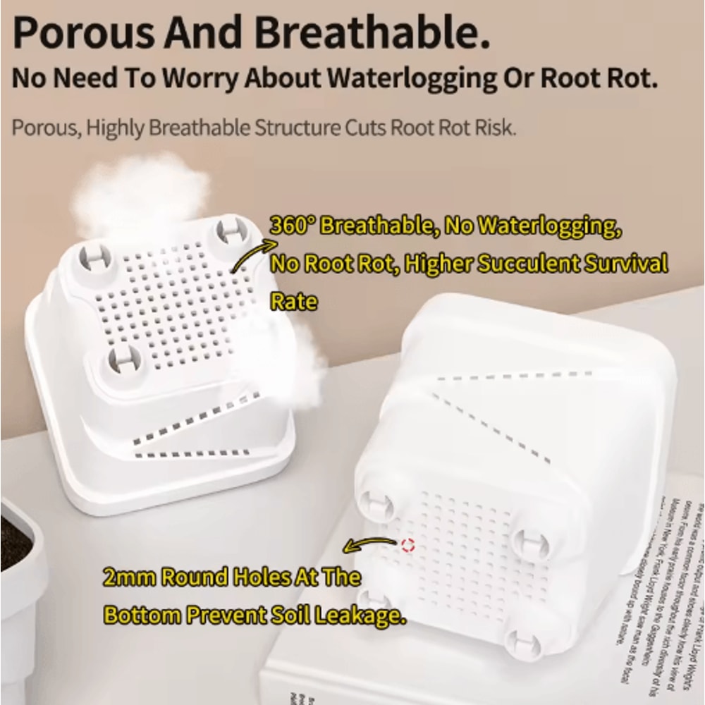 Square Ventilated Plastic Flower Pot Succulent Planter With Thick Drainage Tray 15