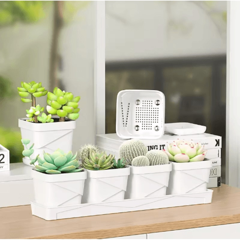 Square Ventilated Plastic Flower Pot Succulent Planter With Thick Drainage Tray 0