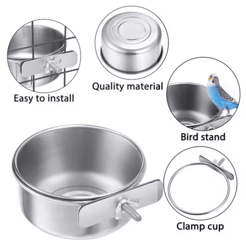 Stainless Steel Pet Food Dish With Clamp Hanging Feeding Bowl For Birds And Small Animals 10 To 14 4