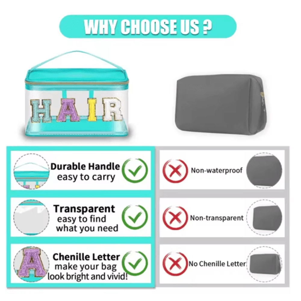 Green Transparent Makeup Bag Large Capacity Cosmetic And Toiletry Organizer With HAIR Letter Design 4