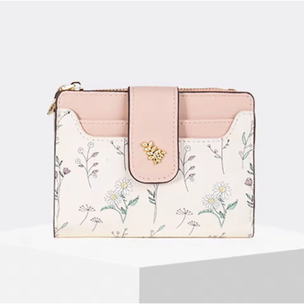 Womens PU Leather Wallet Flower Printed Short Slim Coin Purse With Card Holder 1