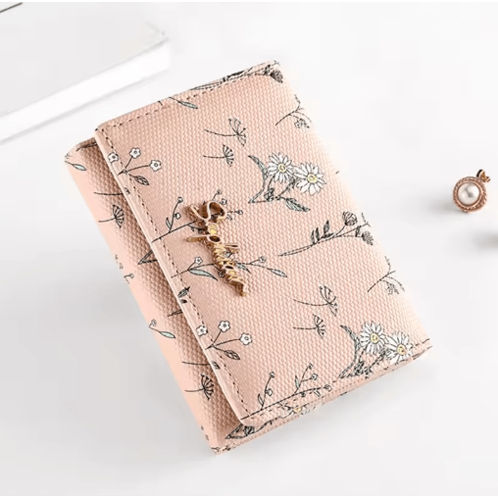 Womens PU Leather Wallet Flower Printed Short Slim Coin Purse With Card Holder 4