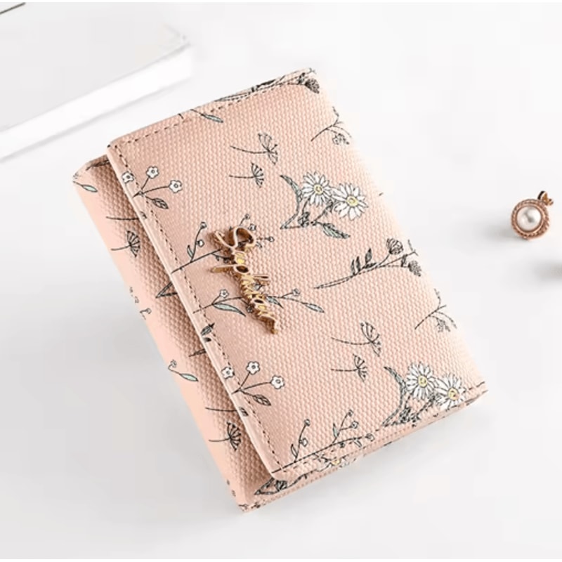 Womens PU Leather Wallet Flower Printed Short Slim Coin Purse With Card Holder 4