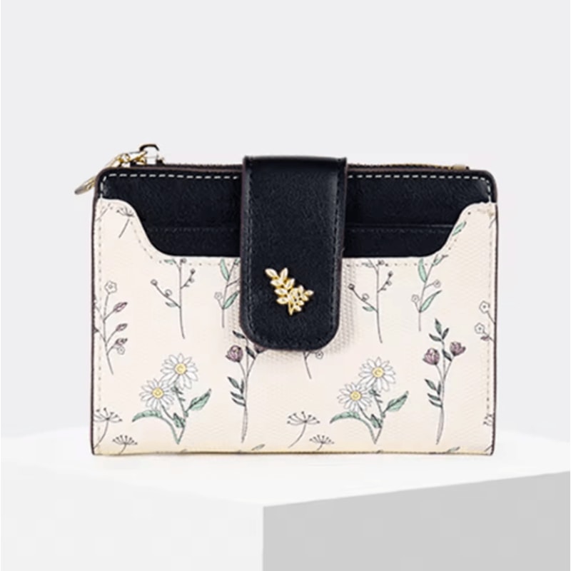 Womens PU Leather Wallet Flower Printed Short Slim Coin Purse With Card Holder 6