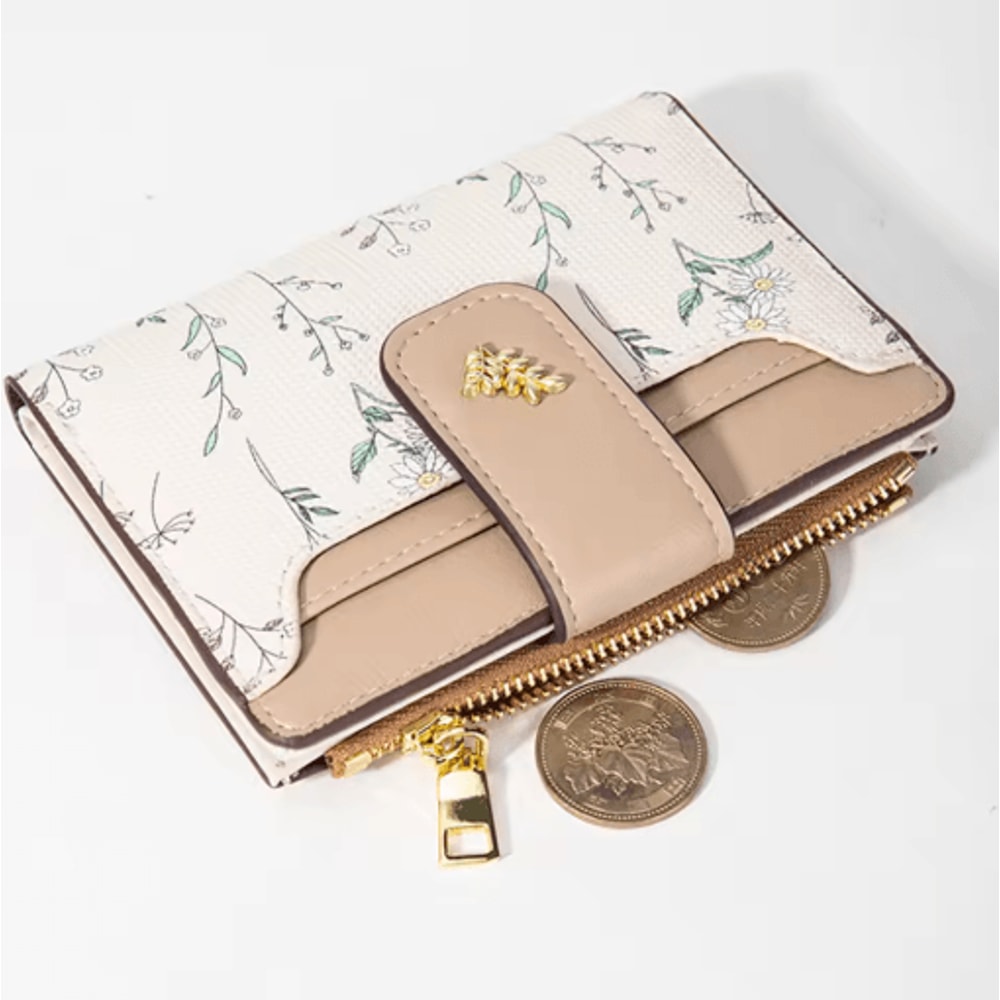 Womens PU Leather Wallet Flower Printed Short Slim Coin Purse With Card Holder 12