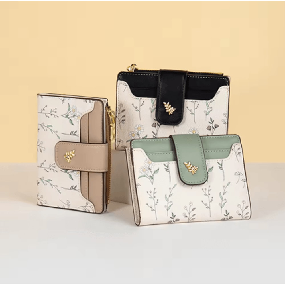 Womens PU Leather Wallet Flower Printed Short Slim Coin Purse With Card Holder 0