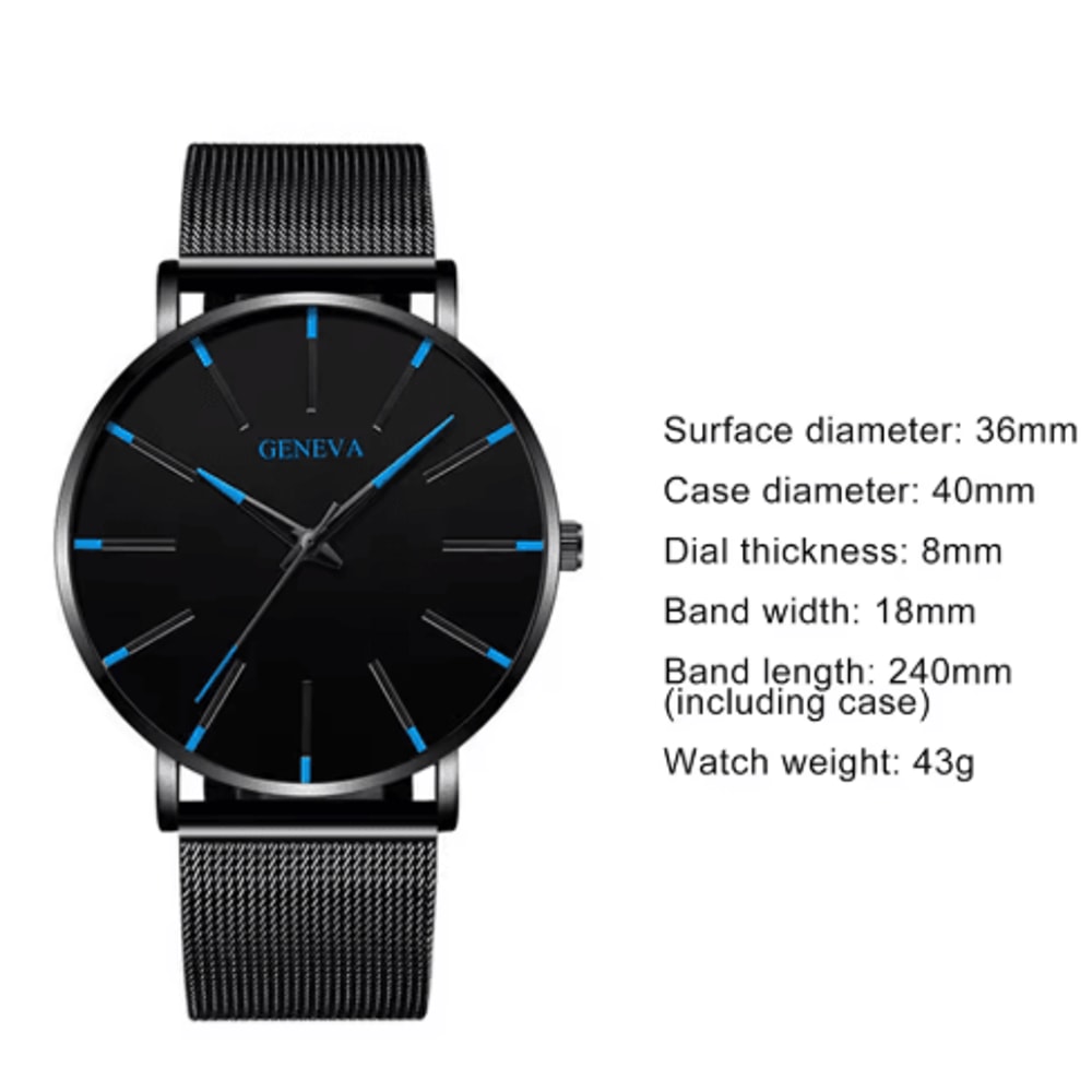 Minimalist Geneva Watch For Men Large Round Dial Quartz Wristwatch With Mesh Strap 2