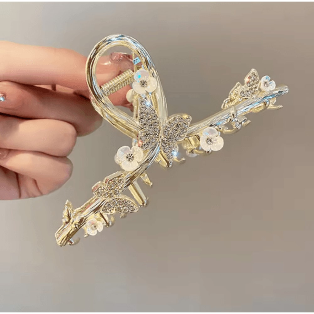 Elegant Butterfly Hair Claw Clip Gold Alloy Hairpin With Pearls And Rhinestones 1