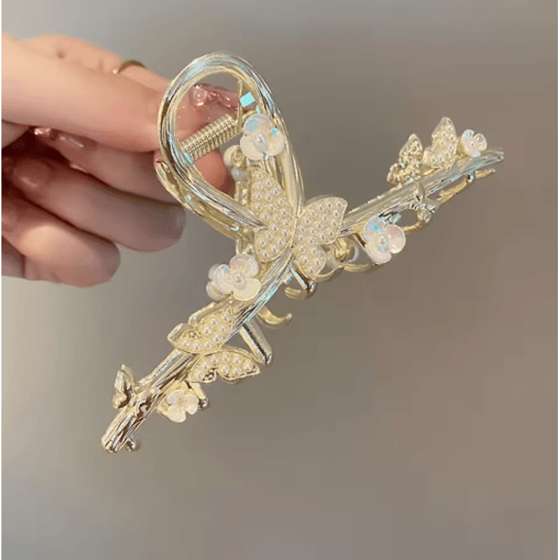Elegant Butterfly Hair Claw Clip Gold Alloy Hairpin With Pearls And Rhinestones 2