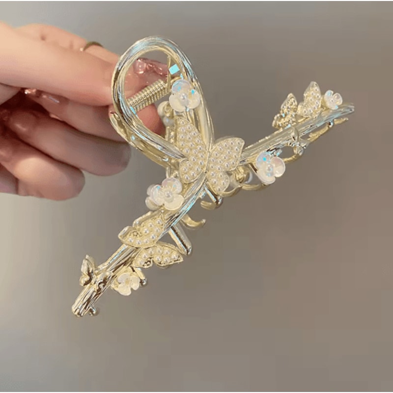 Elegant Butterfly Hair Claw Clip Gold Alloy Hairpin With Pearls And Rhinestones 6