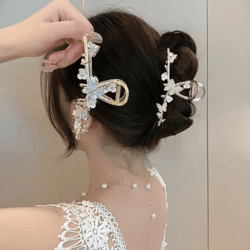 elegant butterfly hair claw clip gold alloy hairpin with pearls and rhinestones