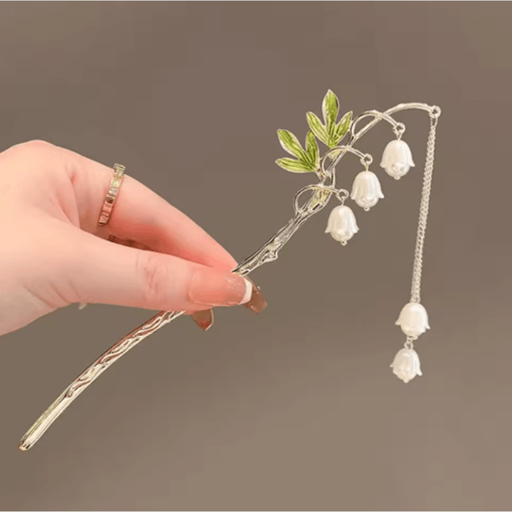 Simple Flower Hair Pin Pearl Chain Tassel Hair Stick Fork In New Chinese Style 1