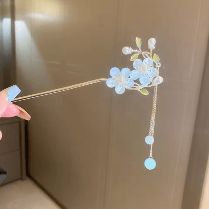 Simple Flower Hair Pin Pearl Chain Tassel Hair Stick Fork In New Chinese Style 2