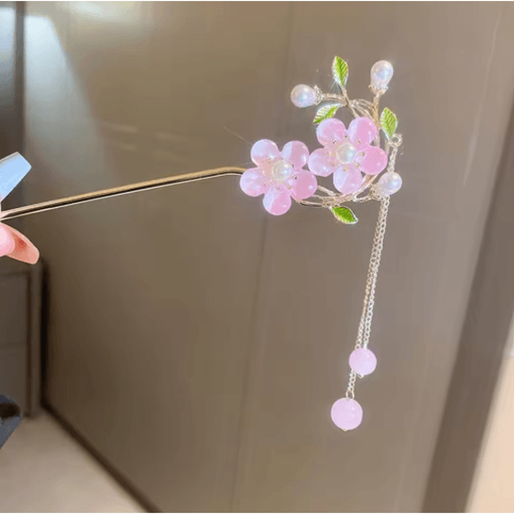 Simple Flower Hair Pin Pearl Chain Tassel Hair Stick Fork In New Chinese Style 3