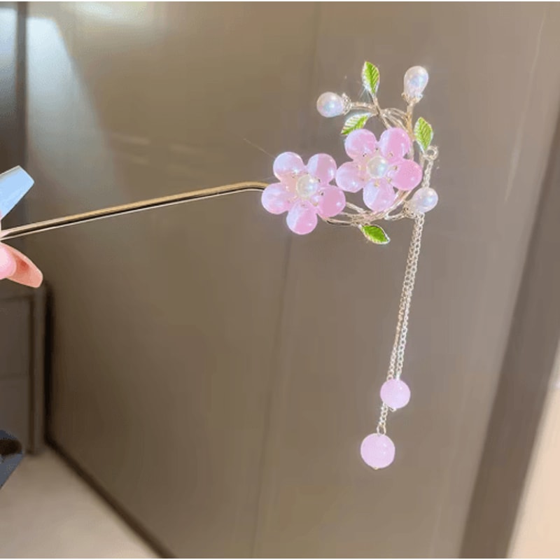Simple Flower Hair Pin Pearl Chain Tassel Hair Stick Fork In New Chinese Style 3