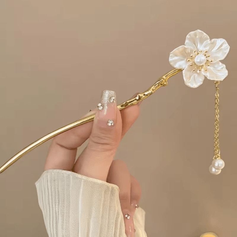 Simple Flower Hair Pin Pearl Chain Tassel Hair Stick Fork In New Chinese Style 5