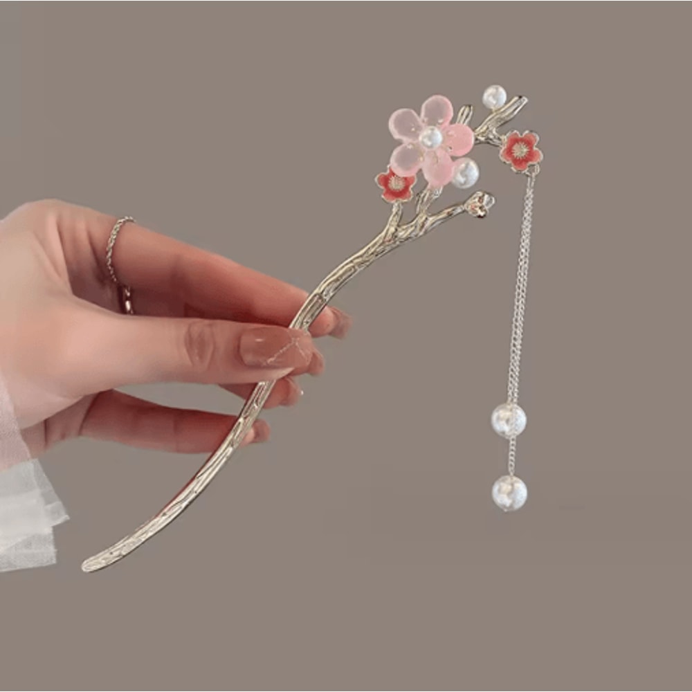 Simple Flower Hair Pin Pearl Chain Tassel Hair Stick Fork In New Chinese Style 6