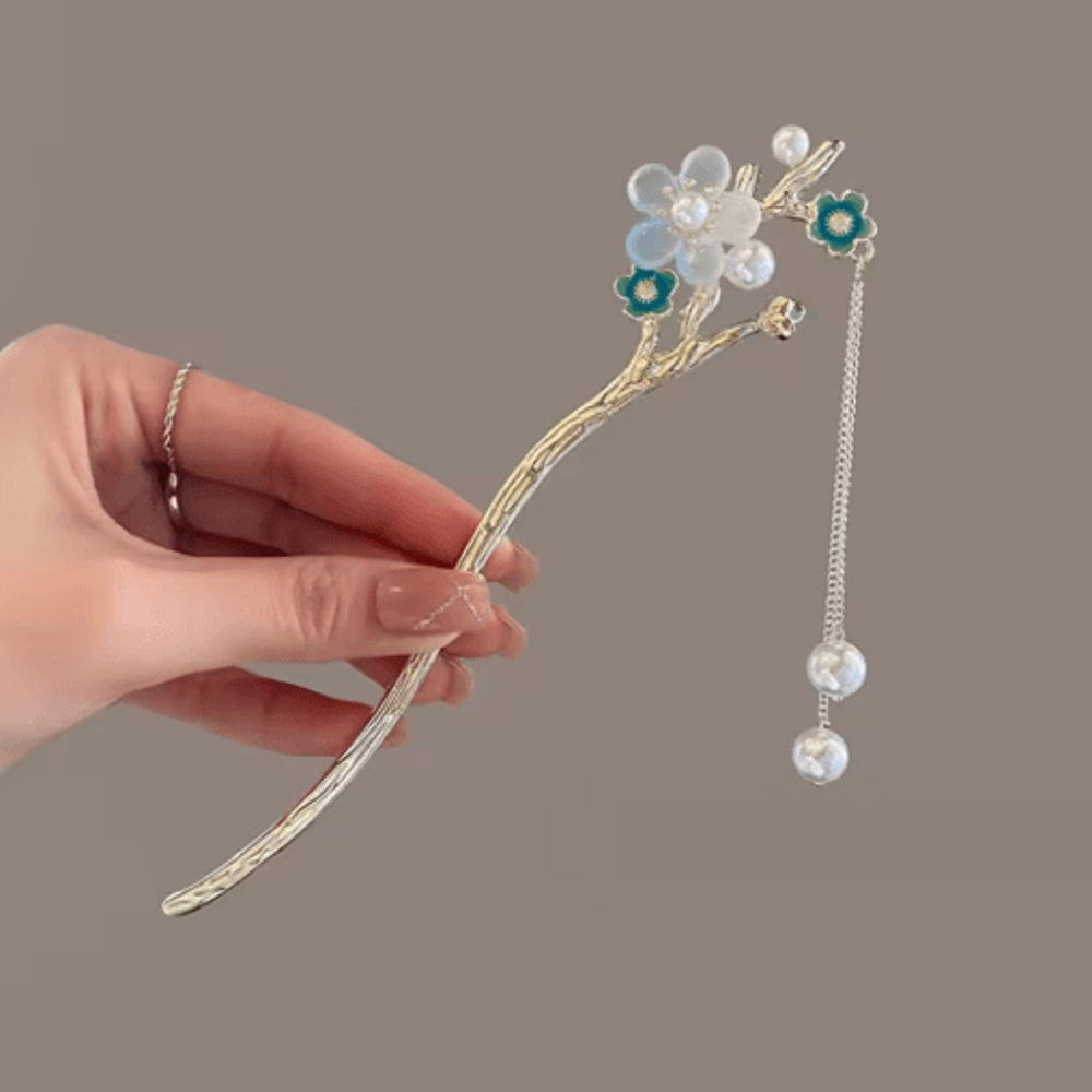 Simple Flower Hair Pin Pearl Chain Tassel Hair Stick Fork In New Chinese Style 7