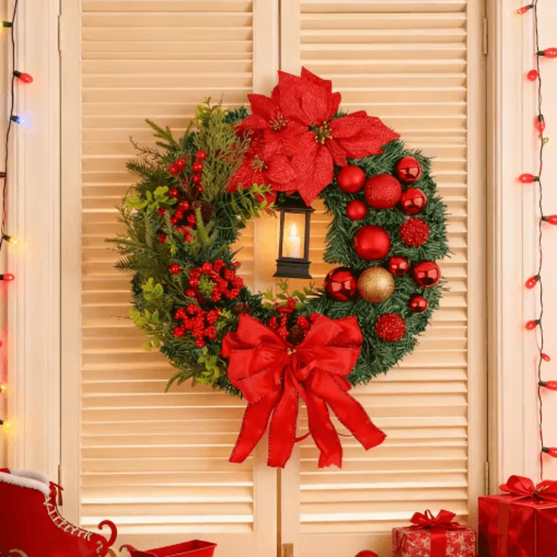 Christmas LED Wreath With Red Bow Lighted Holiday Garland For Indoor And Outdoor Decor 16