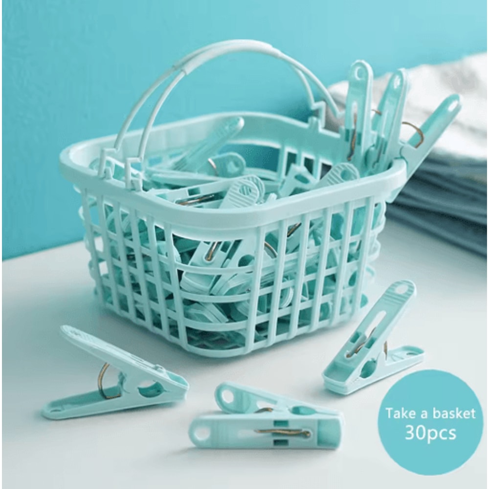 30PCS Plastic Clothes Pins With Basket Laundry Clothespin Clips For Socks Towels And Storage 1
