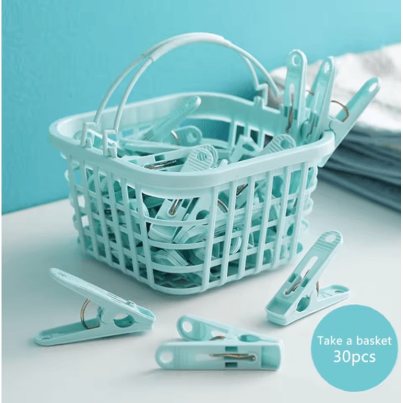 30PCS Plastic Clothes Pins With Basket Laundry Clothespin Clips For Socks Towels And Storage 1