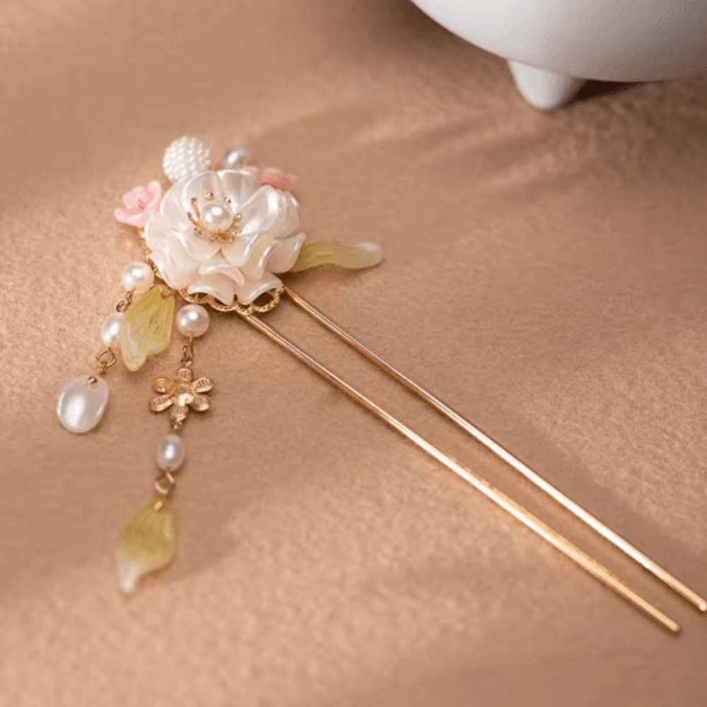U Shaped Hair Sticks Forks White Pink Flower Pearl Hair Jewelry In New Chinese Style 3